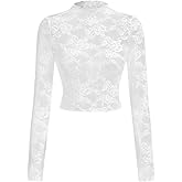 WDIRARA Women's Floral Lace Cropped See Through T Shirts Lettuce Trim Mock Neck Slim Fit Tee Tops