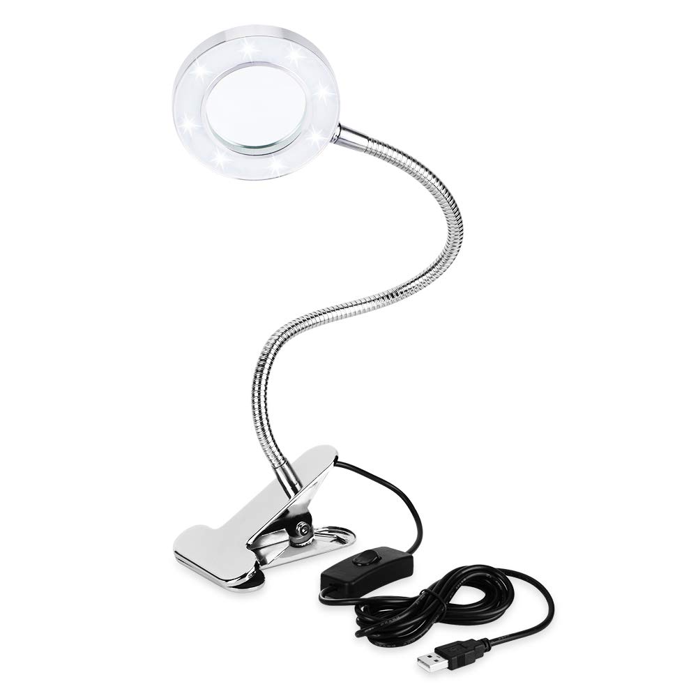 EECOO LED Reading Light 2.5X Magnifying Lamp, USB Rechargeable Magnifying Glass Eye Desk Lamp with Metal Clamp, Optical Glass Magnifier Lens for Reading, Beauty, Manicure, Tattoo