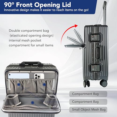 Carry On Luggage, 20 Inch Hardside Luggage, Carry On Suitcase with Front Open Laptop Compartment and Pocket, with Combination Lock, 4 Spinner Wheels, Cup Holder and Hook (c-White)