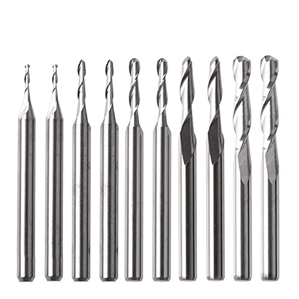 Bestgle 10pcs Tungsten Carbide Ball Nose End Mill Cutter, 1/8" Shank 2 Flutes Straight Bit End Milling Engraving Cutter CNC Router Spiral Bits Set 1/1.5/2/2.5/3.175mm