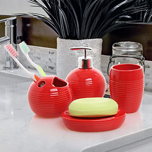 MyGift 4 Piece Red Ceramic Bathroom Accessories Set, Modern Round and