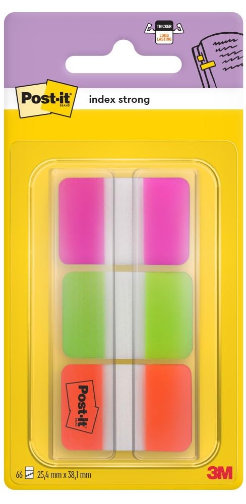 Post-it Index Strong Filing Tabs, Medium, Assorted Colours, Pack of 1 Dispenser, 66 Tabs, 25.4 mm x 38.1 mm, Pink Green, Orange - Extra Strong Sticky Flags for Documents and Information
