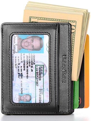 Compact RFID Card Sleeve Wallet Premium Leather Money Clip Card Holder for Up to 10 Cards