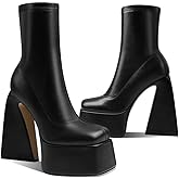 Uacllcau Platform Boots for Women Mid Calf Boots Square Toe Chunky High Heel Boots Side Zipper Ankle Booties