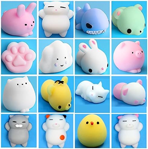 SET 16 PCS Mochi Squishy Animal Squishies Mochi Squeeze Toys Soft Squishy Stress Animal Toys Kawaii Animal Squishy Mini Cat Squishies with Felt Bag, Random Color