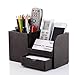 KINGFOM PU Leather Desk Organizer Office Accessories Collection Storage Box, 3 Compartments Pen Pencil Holder with Small Drawer (Brown)