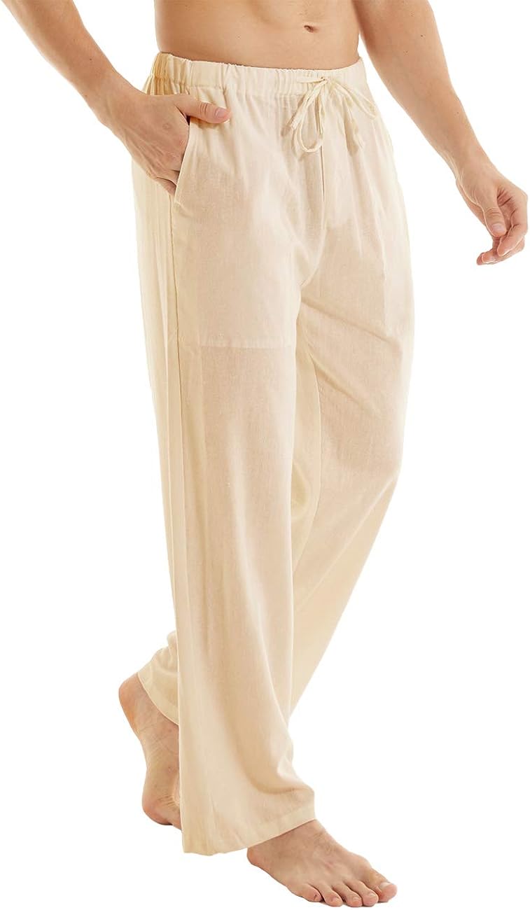 YuKaiChen Men's Casual Beach Pants Drawstring Cotton Linen Loose Open