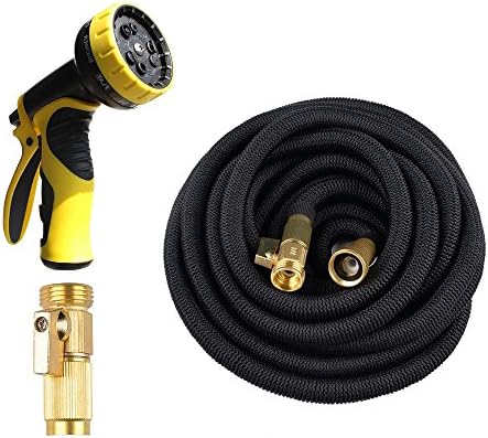 VOLFO 50 Feet Expanding Garden Hose with Heavy Duty 9 Adjustable Watering Patterns Spray Nozzle, Natural Latex Core, Plastic Water Nozzle, Black Hose and Yellow Nozzle