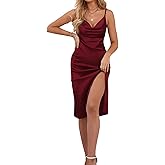 LYANER Women's Satin Drape Cowl Neck Sleeveless Strappy Cami Split Slit Party Midi Dress