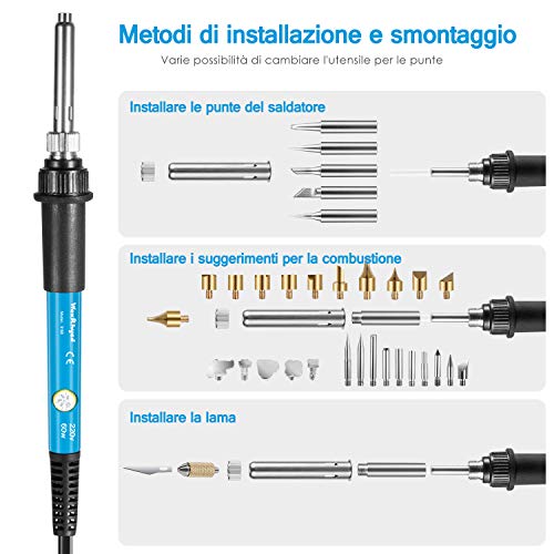 Kit Pirografia Legno WaxRhyed, Pirografia Legno 39 Pezzi Saldatura Elettrica Kit, 60W Temperatura Regolabile 200a 450℃, interruttore ON/OFF, Attrezzi Incisione Professionale lavori su Cuoio Legno