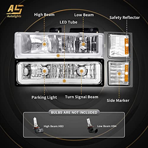 AS LED Headlights Assembly For 1994 1995 1996 1997 1998 Chevy Silverado /Tahoe/Suburban/C10/C/K 1500/2500/3500 W/Corner Bumper Lights Chrome Housing 8PCs Pack (Not Compatible On GMC Models) In Kenya - Foto 9