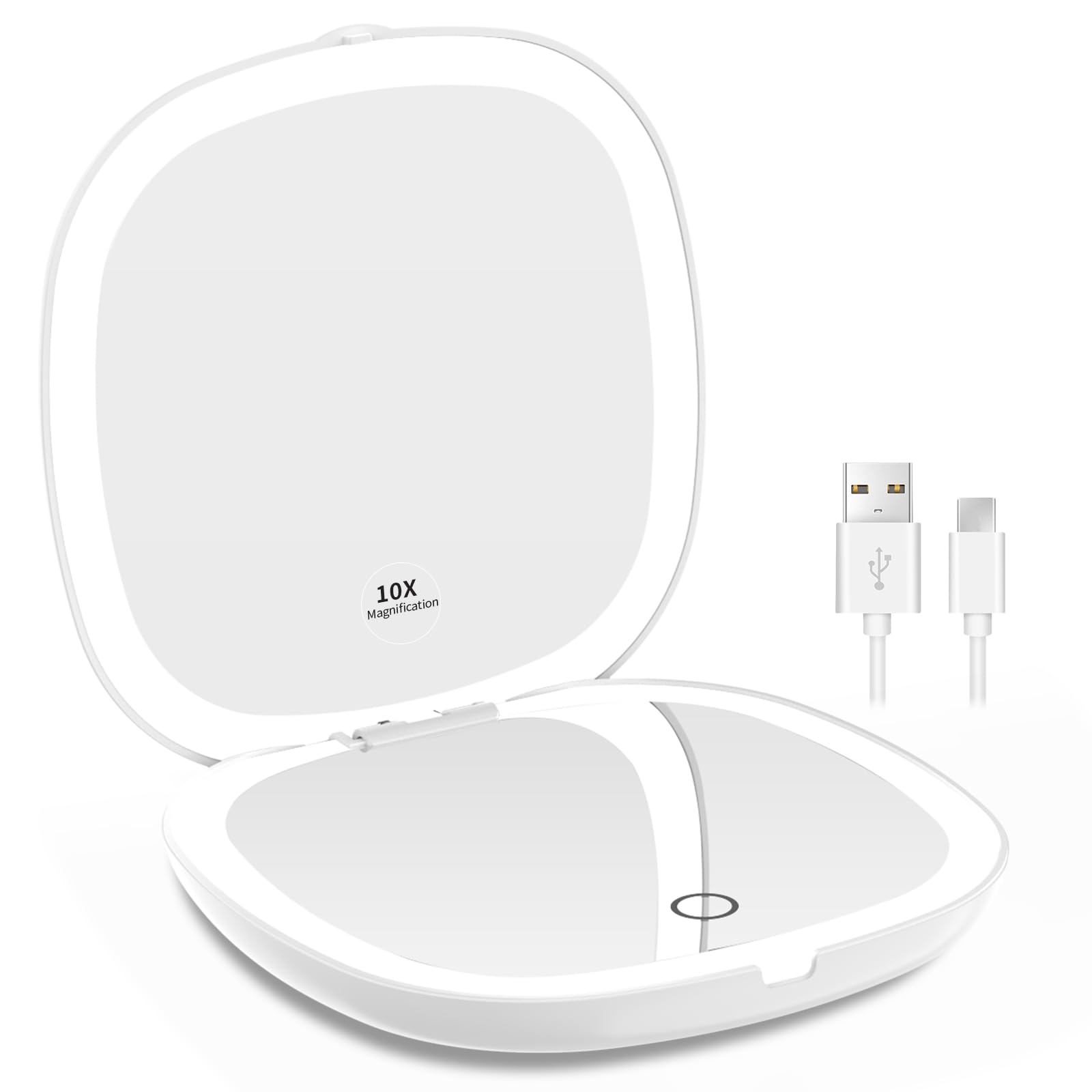 WOBSION Travel Mirror with Light for Makeup, 1x/10x Magnifying Compact Mirror for Handbag, 10cm Rechargeable Pocket Mirrors, 2-Side Dimmable Led Light up Mirrors, Handheld, Gifts for Women, White