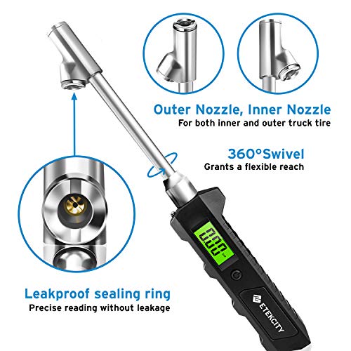 Etekcity Digital Tire Pressure Gauge 230 PSI Heavy Duty Dual Head Air Chuck for RV,Truck Car, 4 Setting with Backlit LCD and Flashlight, 2-Year Warranty
