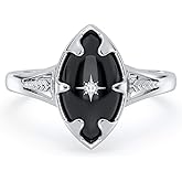 ELAMMO JEWELS Natural Marquise Black Onyx 925 Sterling Silver Ring for Women (925 Sterling Silver, 10)
