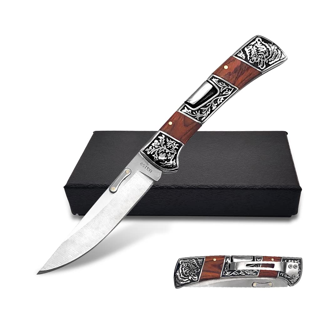 FU-GLBY Classical Folding Pocket Knife | Engraved Bolsters, Red Wood Handle, Clip | Tactical Survival & EDC Knife for Men