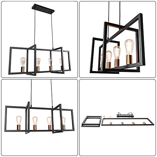 Lingkai Modern Kitchen Island Light Pendant Chandelier 4-Light Ceiling Light Industrial Pendant Lighting Fixture Matte Black with Antique Brass Finish