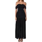 XinFSh Women's Off The Shoulder Maxi Formal Wedding Guest Dress Ruched Mesh Bodycon Long Cocktail Dresses