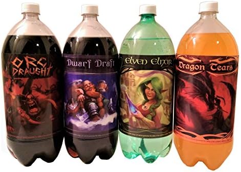 2 Pack of 4 Epic Soda Bottle Labels for Fantasy Themed Party. 7" x 6" Sticker Set Features an Orc, Dwarf, Elf, and Dragon. (2)