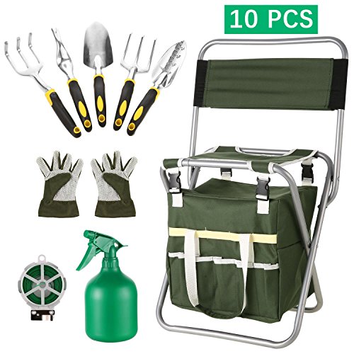 evokem Garden Tools Kit, 10 Piece Vegetable Herb Gardening Tool Set, Foldable Stool with Backrest and Zippered Detachable Tote, 5 Gardening Hand Tools, Gloves, Sprayer, 50M Plant Ties (US STOCK)