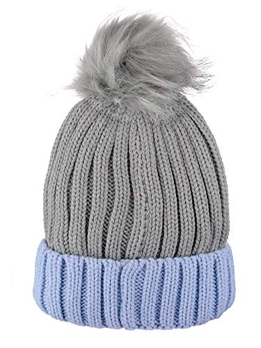 D&Y Rib Knit Beanie with Two Tone Cuff and Faux Fur Pom, Grey