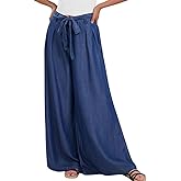 loveimgs Women's Tie Front High Waist Denim Pants Pleated Flowy Wide Leg Jean Pants Trousers with Pockets
