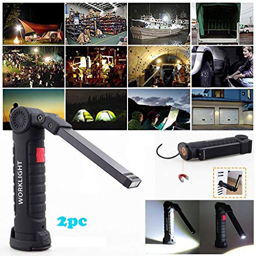 2PC Rechargeable COB LED Magnetic Flashlight & Work Light-Folding Torch with Magnetic Stand for Car Repairing, Workshop, Garage, Camping, Emergency Lighting (2PC 11 x 3.6cm)