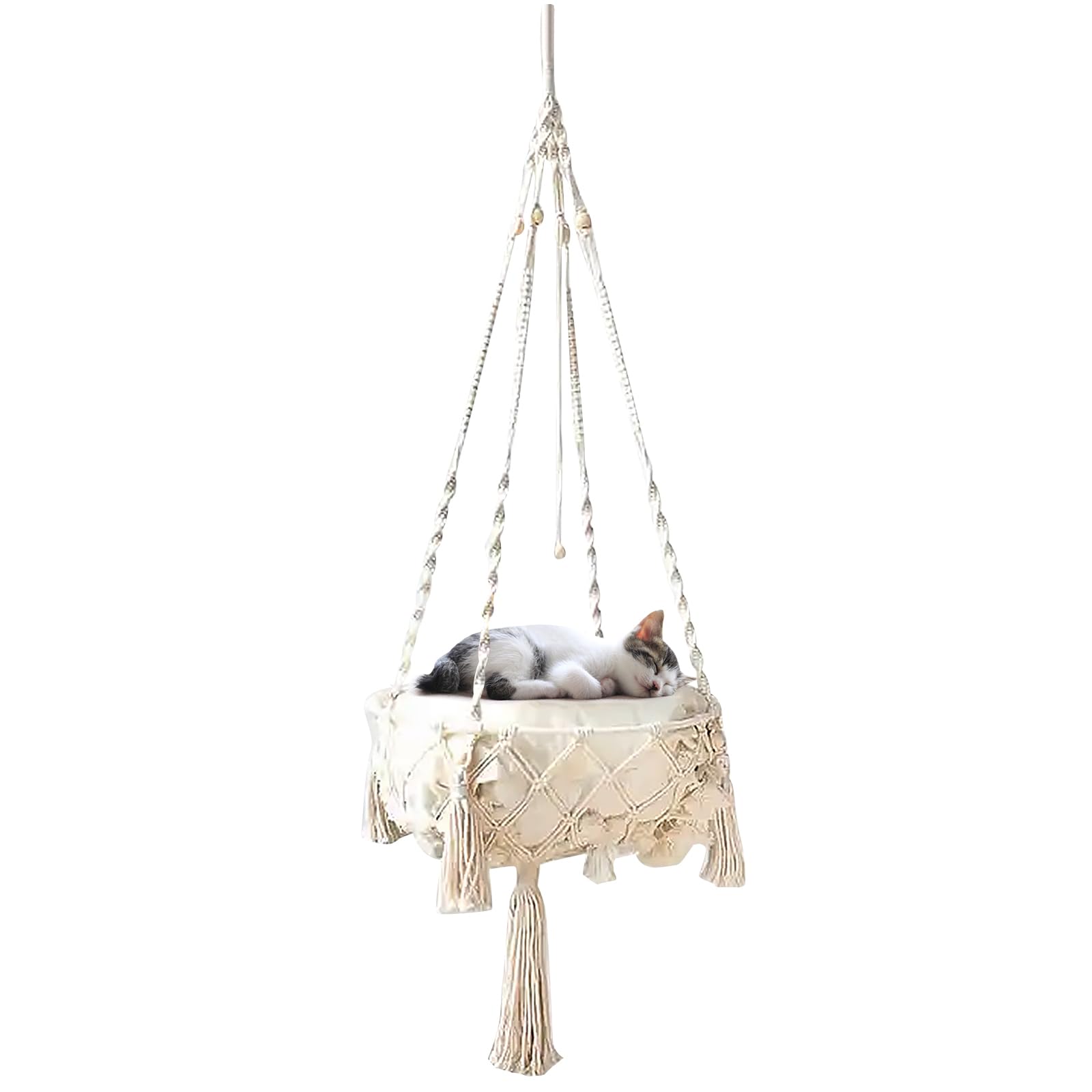 Macrame Hanging Cat Hammock, Handwoven Basket Bed with Tassel for Sleeping, Playing, Climbing, Lounging, Indoor/Outdoor Window Perch, Wall Hanging Decor Pet Gifts (45 cm)