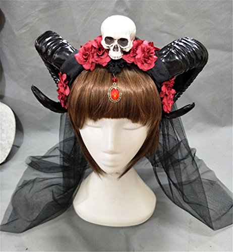Restyle Sheep Horn Headband Gothic Lolita Devil Floral Horns Headpieces Halloween Skull Veil Headdress Cosplay Hair Accessories (B)