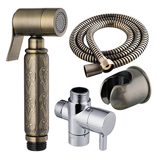 Stainless Steel Self-Cleaning High Pressure Handled Bidet Sprayer/Shataff Set with Flexible Hose and Holder and T-Valve (Chrome) (Vintage3)