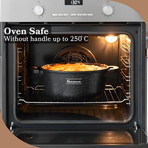 GOLDMANN Cast Aluminium Saucepan 24 cm - 4.5 L Non-Stick Ceramic Marble Look Glass Lid Induction Suitable for All Hobs Oven Safe and PFOA Free