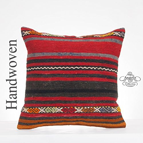 Red Kilim Rug Pillow Large Striped Turkish Kelim Cushion Cover 20x20" Oriental Interior Decor Accent Carpet Pillowcase