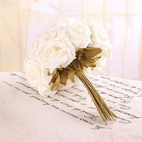 12pcs in 1set Rose Bouquet Wedding Decoration Artificial Latex Real-touch Flower (cream ivory)