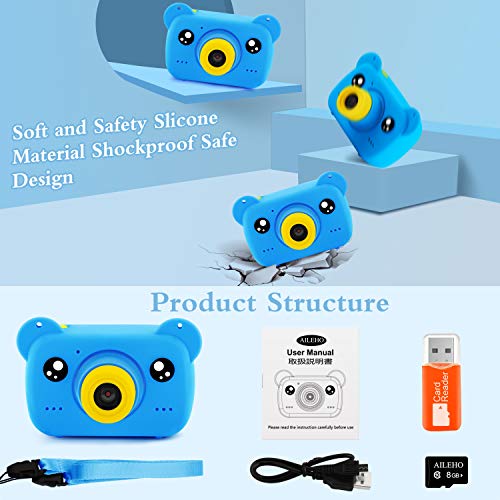AILEHO Kids Camera for Boy Blue Bear Cartoon Birthday Children Toy Toddler Camera 3-10 Year Old Starter Kids Digital Camera 8M 1080P with 8G Card Kids Game Camera IPS 2.0\