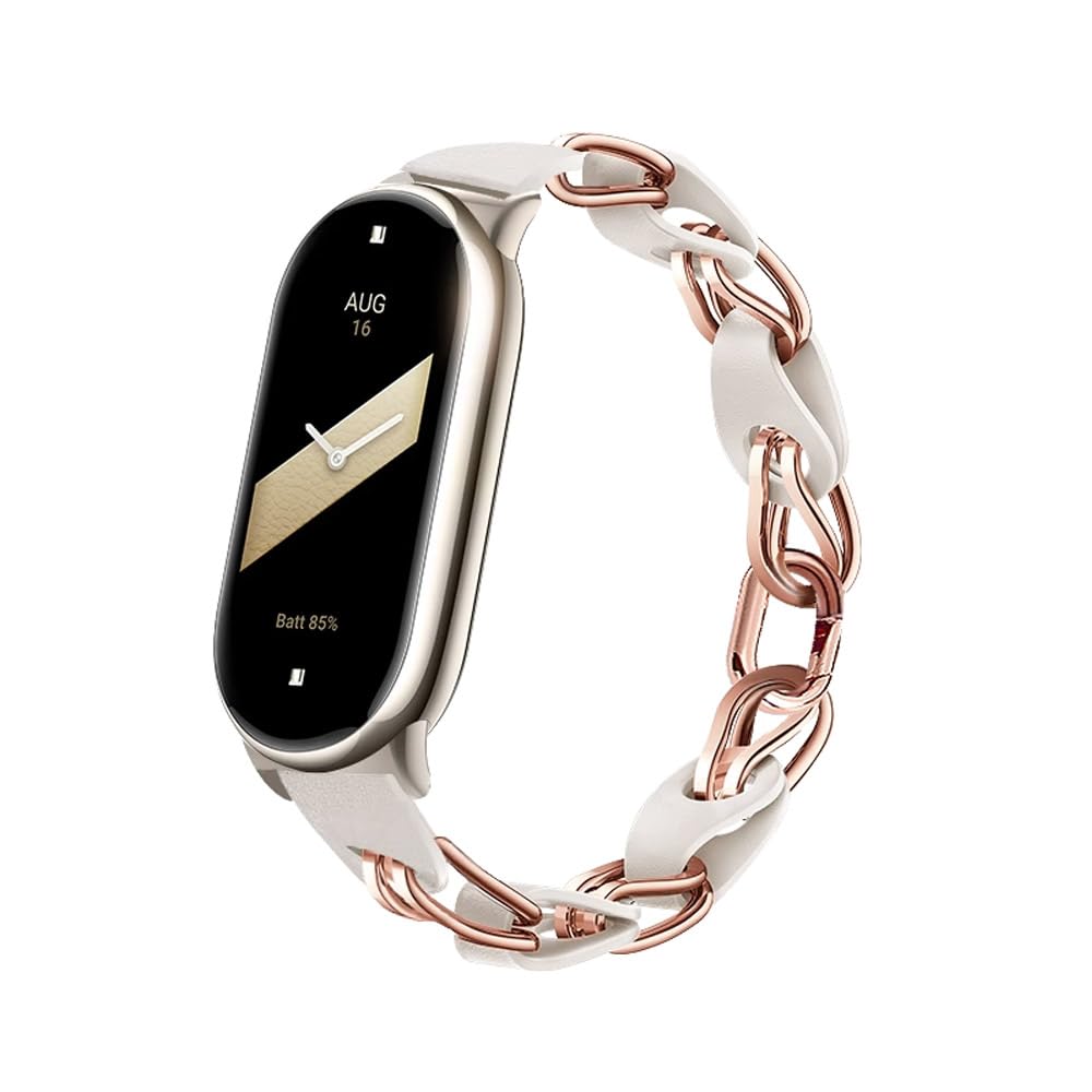 XIHAMA Compatible for Xiaomi Mi Band 9 Band,Replacement Strap Openwork Design Stainless Steel Ring Leather Chain Belt Mi band 8 Belt Breathable Elegant Replacement Band for Ladies(White RoseGold)
