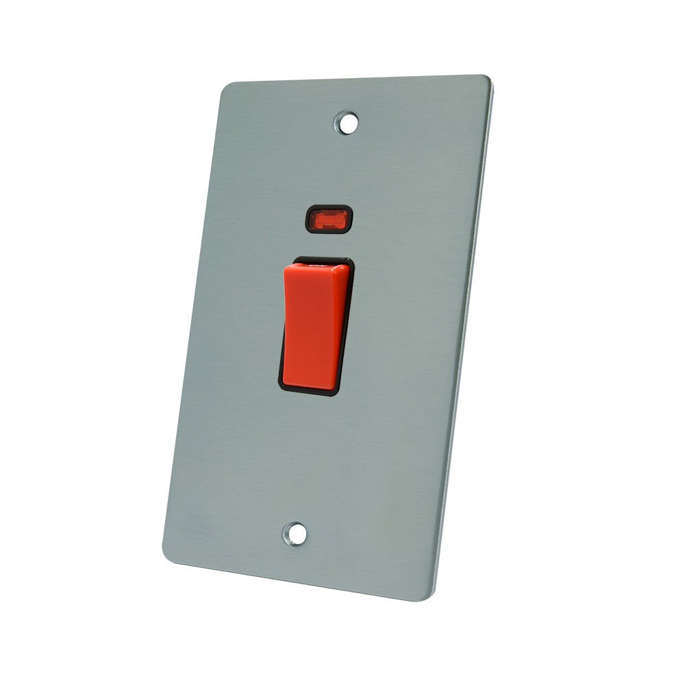AET FSCCSWBLT Satin Chrome Flat 45A Tall Black Insert-45 Amp DP Cooker Switch w/Neon Indicator 2-Gang Plate