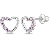 925 Sterling Silver Pink Cubic Zirconia Open Heart Screw Back Earrings for Toddlers & Young Girls - Stylish Pink CZ Earrings - Crystal Encrusted Open Heart Stud Earrings
