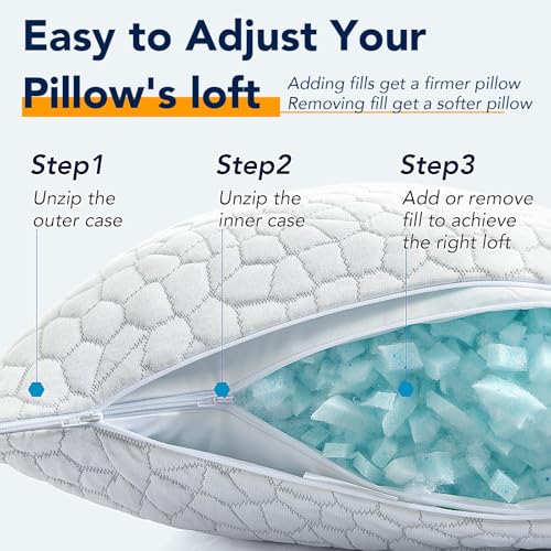 Cooling Memory Foam Pillows Queen Size Set of 2, Adjustable Shredded Foam Bed Pillows for Sleeping, Soft Support Pillows for Side & Back Sleepers with Breathable Dual-Sided Bamboo & Cooling Fabric