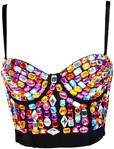 AICONL Women's Colorful Rhinestone Beaded Push Up Bra Clubwear Party Bustier Crop Top Hand-Made Corset