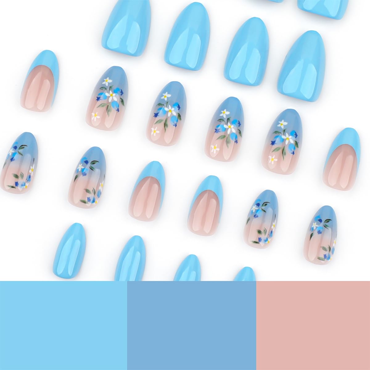 24Pcs Blue Flower Press on Nails Almond Medium Fake Nails French Tip Glue on Nails Blue Gradient Acrylic Nails Full Cover Spring Summer False Nails with Designs Flower Nails Art Decoration for Women - Image 5