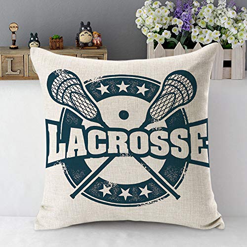 Mugod Lacrosse Throw Pillow Vintage Stamp Pattern Helmet Lacrosse Sticks Star Navy Blue Cotton Linen Square Cushion Cover Standard Pillowcase 18x18 Inch for Home Decorative Bedroom/Living Room/Car
