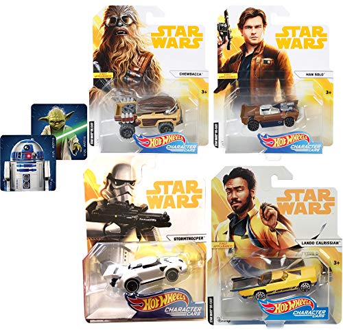 Star Smuggler Rebel Cars Han Solo Character car 4 Pack Wars Story Hot Wheels Chewbacca 4 x 4 Truck / Lando Getaway car + Storm Trooper White Armor die-cast Set & Bonus Stickers Yoda & R2-D2