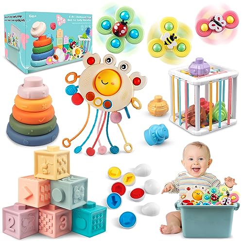 Plunack 6 in 1 Baby Toys, Montessori Toy for Toddlers, Infant Teething Babies Toy Stacking Blocks Rings Pull String Toy