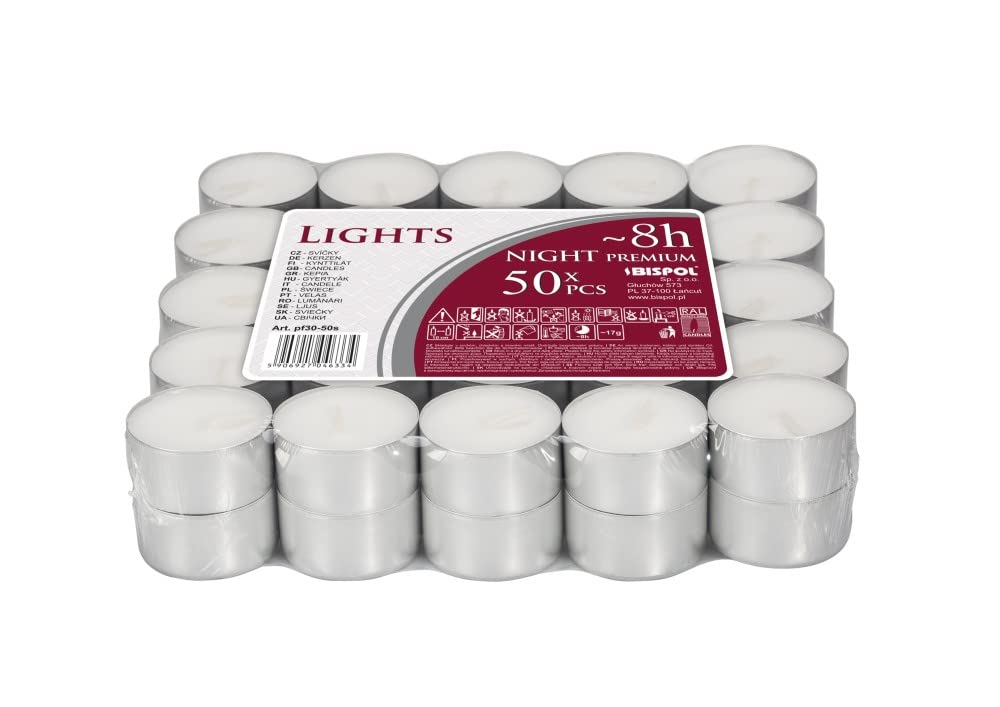 8 Hour Tea Lights, Flat Pack of 50. European Quality. White, unscented.