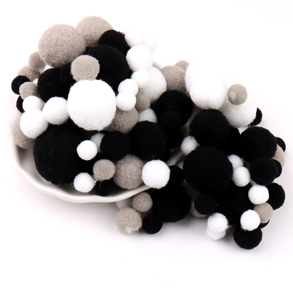 Duories 135 Colourful Pompoms for Crafts,10-30mmmini Pompoms Balls Small Pompoms Balls Fluffy Colourful Pom Pom Decoration Pompom Plush Balls Craft Accessories for DIY Crafts Black Grey White