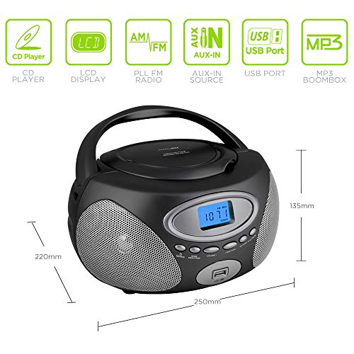 HANNLOMAX HX-311CD Portable CD/MP3 Boombox, PLL AM/FM Radio, USB Port for MP3 Playback, Aux-in, LCD Display, AC/DC Dual Power Source(Grey)