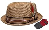 Men's Premium Straw Porkpie Fedora Hat with Summer Low Cut Sock(F1860-BROWN,SM)