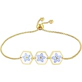Triple Forget-Me-Not Flower Bracelet, Gold Adjustable Box Chain, Pressed Botanical Jewelry, Sentimental Keepsake for Women (Gold)
