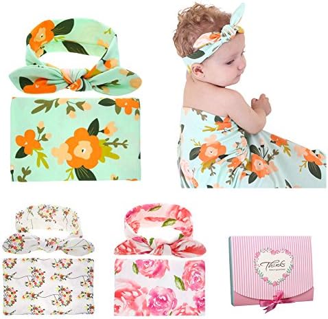 36"x36" 3 Sets Newborn Floral Swaddle Blanket And Matching Headband Baby Nursery Receiving Blanket