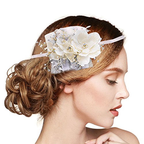 Bridal Headpiece, FANGZHIDI Wedding Hair Accessories, Floral Leaf VineÂ Pearl Rhinestone Jewelry Crown with 2 Ribbons, Best Gift for Girl-friend Women, Suit for Performance,Party, Photograph (Gold)