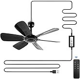 bestmoument USB Portable Ceiling Fan with Remote Control, 3 Speeds 3 timer | 5V plug in hanging fan,6 blades small quiet coll